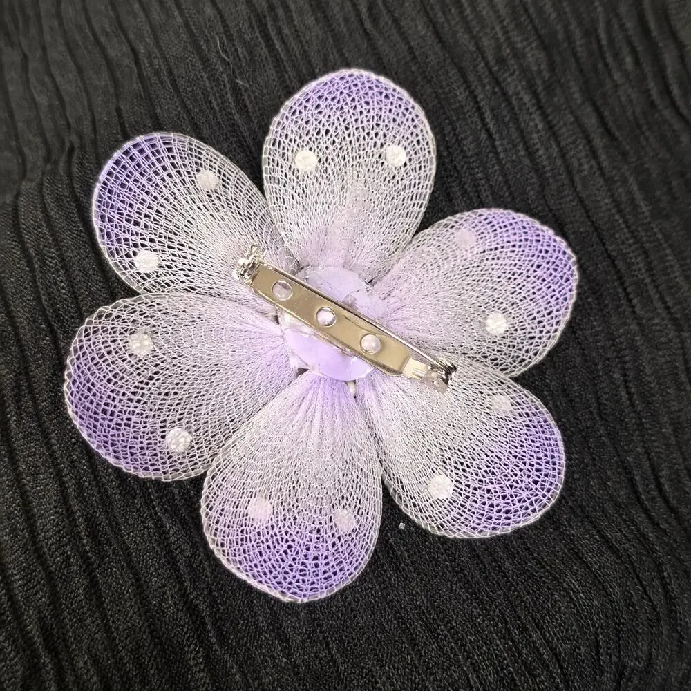 Lavender Mesh Flower Brooch Rhinestone Beaded Statement Pin